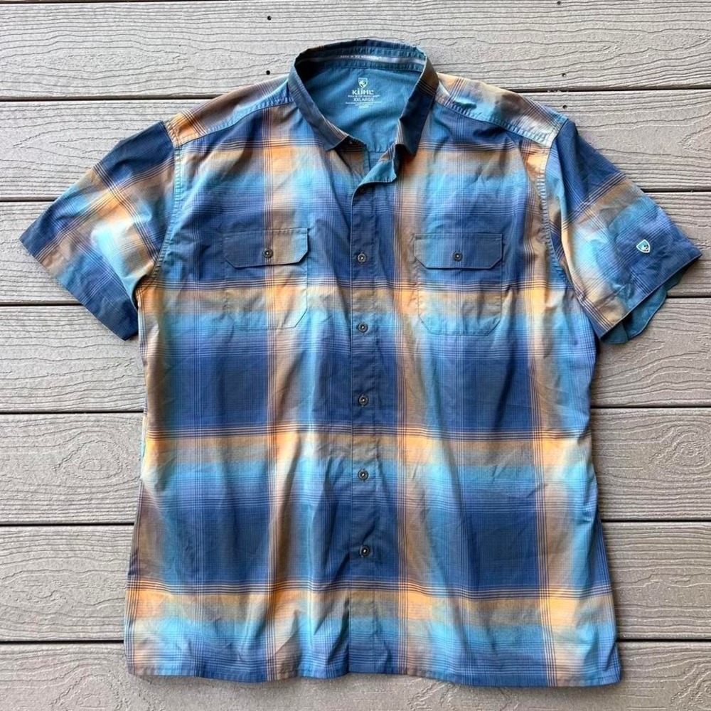 KÜHL Men's XXL Blue Plaid Button Up Short Sleeve Shirt Outdoor Hiking